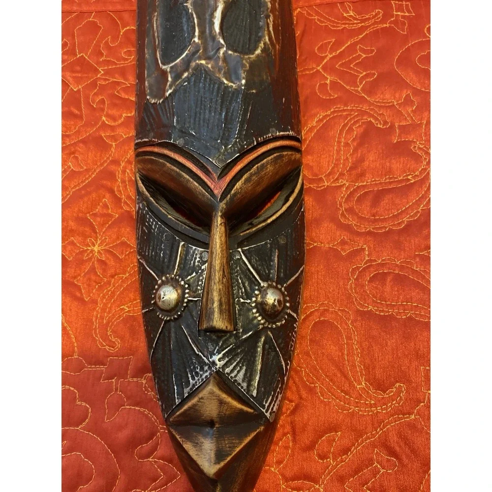 African Tribal Style Wall Face Mask Hand Carved‎ Wood Metal Clad Face Etching